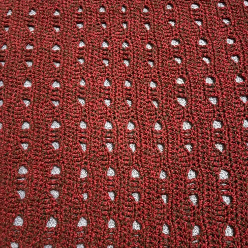 Vtg Christmas Afghan Red hint of Green Handmade open lacy stitch 59 x 43 inches